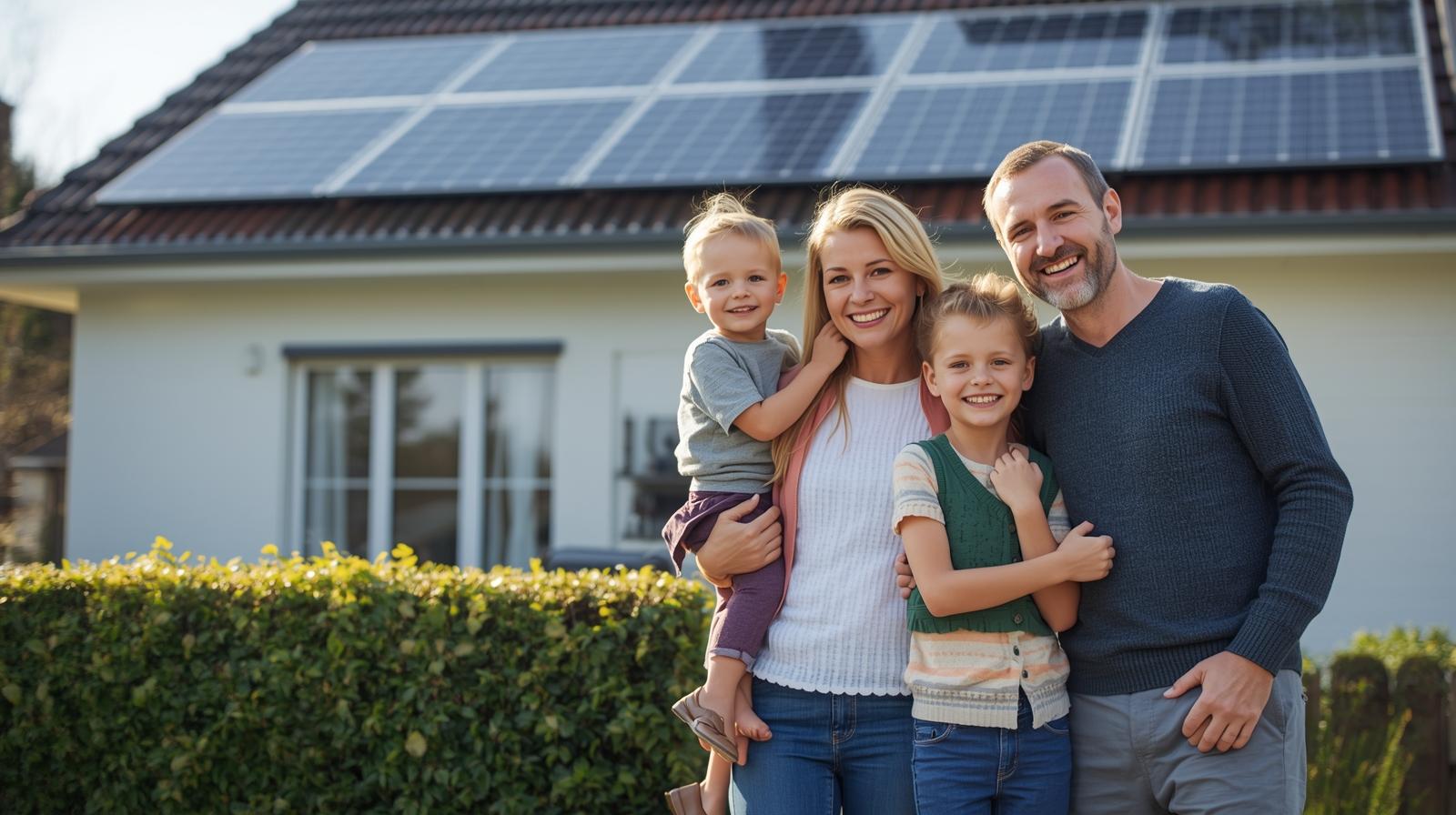 Photovoltaik Erlangen - Familie vor Haus mit PV-Anlage